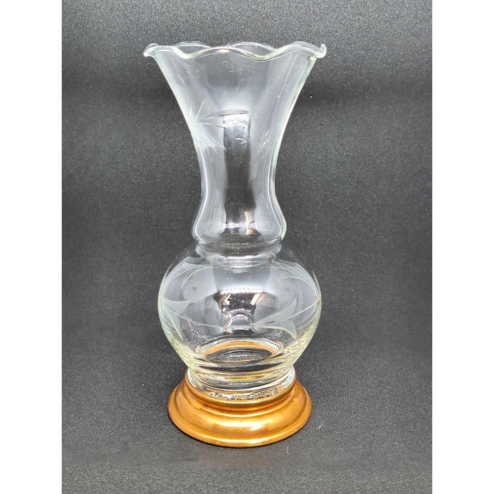 Vintage‎ Princess House Etched Wheat Glass Bud Vase Copper Base Ruffled Rim